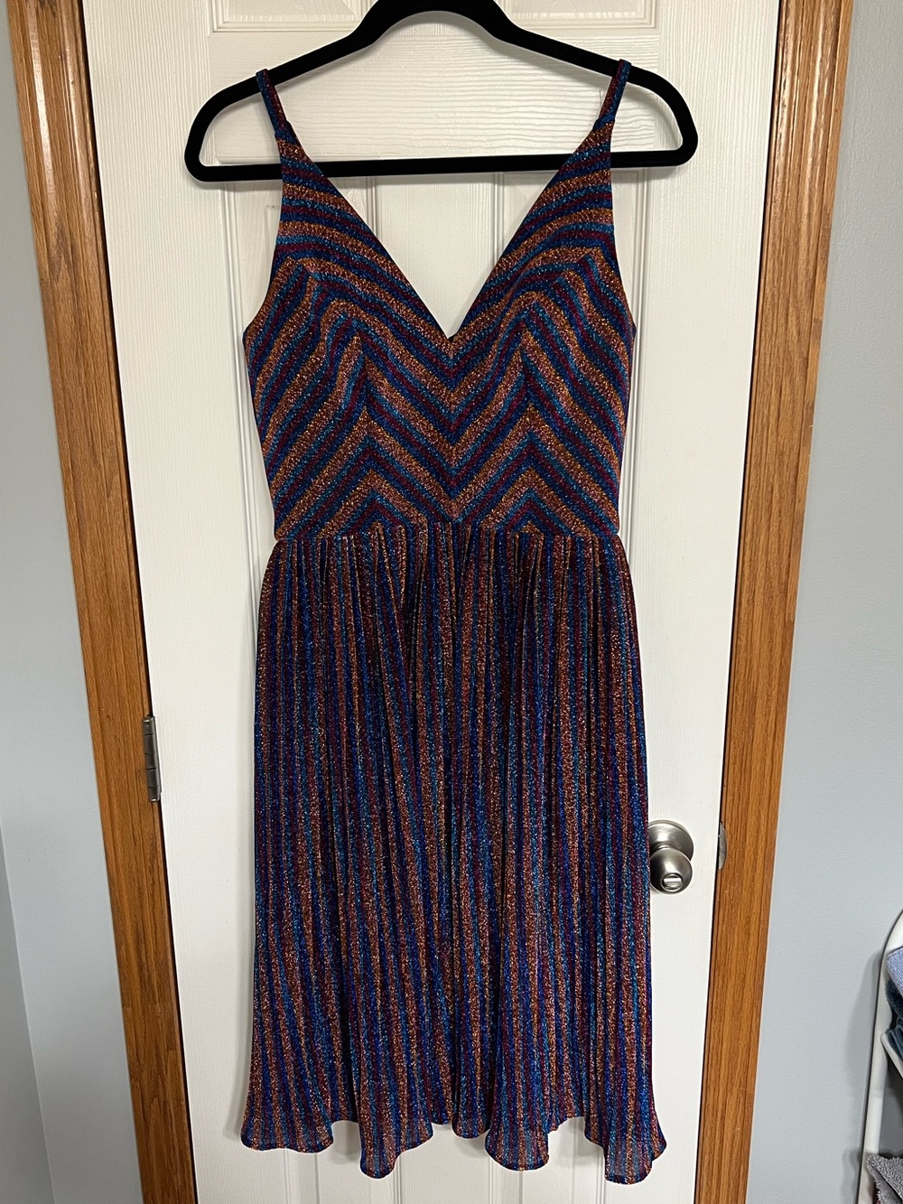 Dress the Population Metallic Chevron Midi Dress in Blue and Red